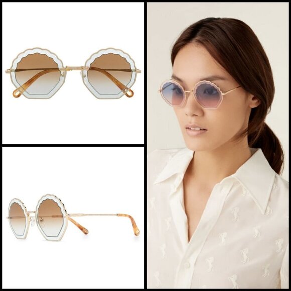 💕CHLOE💕 Tally Scalloped Sunglasses CE147S 834 Gold Brown Lenses New In Box - Picture 3 of 16